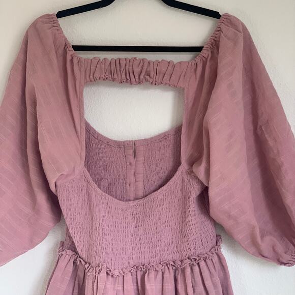 Free People Summer Picnic Smocked Balloon Sleeve Mini Dress in Purple Pink - Picture 6 of 15